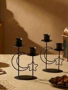 1 قطعة شمعدان رامة من الحديد الأنيق لطاولة الطعام - قطعة مركزية عتيقة، حامل شمعة زخرفي - حامل شمعة لحفل الزفاف والطعام والحفلات، ديكور المنزل، ديكور حفلات العطلات، نجم وقمر وفانوس وأدوات رمضان، أغراض رمضان، هدايا رمضان