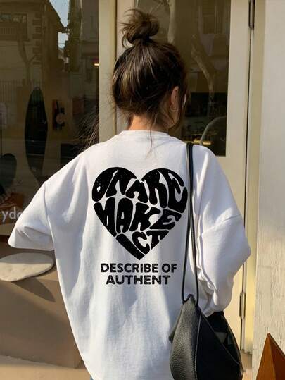 Women's Casual Round Neck Loose Fitting Letter & Heart Print Short Sleeve T-Shirt, Versatile For Spring/Summer