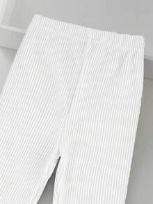 Girls' Solid Vertical Ribbed High Elasticity Comfortable Princess Long Leggings, Spring/Summer New Arrival, Girls' Flared Leg High Waist Elastic Frill Trim Casual Wide Leg Pants - White - View 5