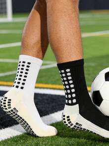 2 双男士足球袜，厚毛圈布加厚中筒防滑耐用运动袜，适合健身，秋季 - 黑與白 - 查看 2