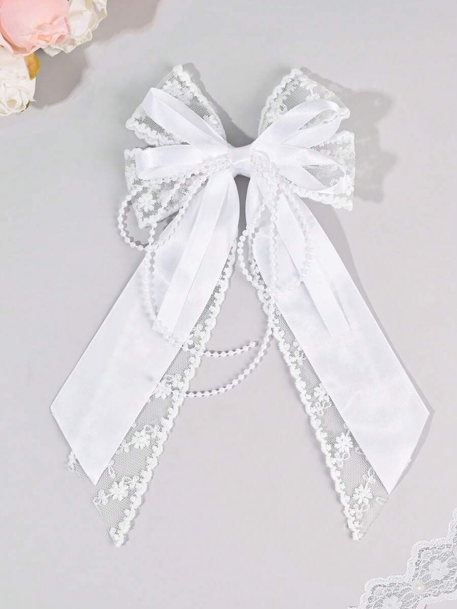 1件薄纱优雅丝带发夹，白色粉色蕾丝鳄鱼夹蝴蝶结发夹，珍珠花朵刺绣发卡，甜美发饰，适合女孩、青少年，可作为婚礼、情人节礼物 - 彩色 - 查看 1