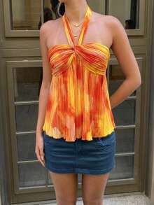 Women's Y2K Vacation Camisole - Orange Yellow Tie-Dye, Twist Front Ruffle Hem Babydoll Dress, Women's Summer Clothing, Elegant Romantic Style, Valentine's Day Outfit, Party Dress, Music Festival Outfit, Beach Wear, Casual Tops, Holiday Attire, Spring Summer Daily Wear, Wedding Guest Dress, Carnival Costume - Multicolor - View 5