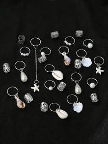 26pcs Women's Braided Hair Rings, Beach & Summer Vacation Braid Hair Clips, Starfish, Shell, Pearl, Fashion & Unique Hair Accessories For Photo Shooting