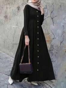 Fashionable Women's Muslim Single-Breasted Traditional Elegant Pleated Arabian Dress Vacation Black - Black - View 5