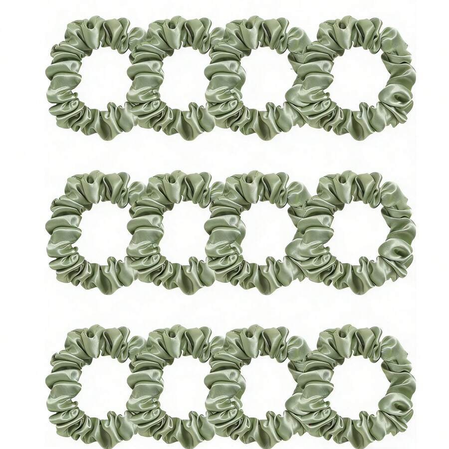 12/24pcs Sage Green Satin Scrunchies, 10cm/6.5cm ,Ponytail Holders ,Hair Elastics ,Hair Rope ,Elastic Hair Tie - Sage Green - View 1