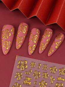 2pcs Gold Flower Pattern Nail Stickers, Holographic Hibiscus Flower 3D Petals & Leaves Sliders For Nail Art DIY, Y2K Style - Gold - View 5