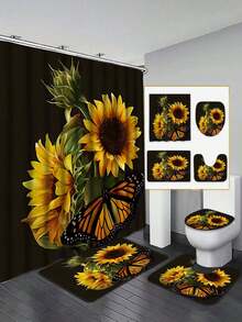 1/4 Pcs Sunflower & Butterfly Shower Curtain Set, Waterproof Shower Curtain With 12 Hooks, Non-Slip Bathroom Rug, U-Shaped Toilet Lid Cover, Toilet Seat Cover, Bathroom Decor, Bathroom Curtain Set - Multicolor - View 6