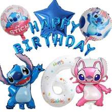 "Lilo & Stitch" und "Angel" Themen Geburtstagballon Set, beinhaltet Zahl-Folienballons, Stitch und Angel geformte Folienballons, "Alles Gute zum Geburtstag" Buchstabenballons, Sternballons, in blauen und rosa Tönen, ergibt einen süßen Cartoon-Stil, geeignet für Geburtstagsfeiern und thematische Veranstaltungen. - Verschiedenfarbig - Übersicht 18
