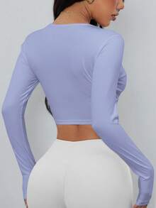 ATTRACO 性感黑色长袖深V领上衣，女士瑜伽运动扭结前片设计健身背心，休闲健身运动文胸 - 紫丁香色 - 查看 5