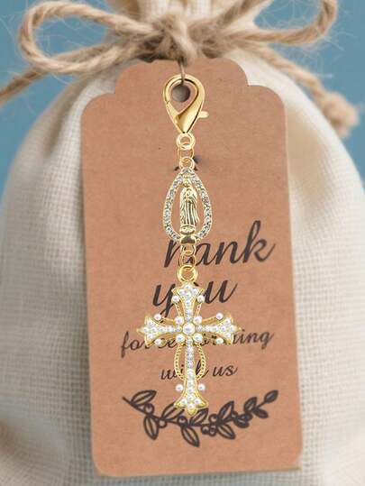 Christian Themed Cross, Pearl And Diamond Charm Keychain - Cross Keychain, Bag Charm, Cross Pendant, Wallet Backpack Decor, Earphone Bag Accessory, Luggage And Car Decor Keychain - Single Piece Jewelry, Inlaid With Pearls, Diamonds And Romantic Elements, Ideal Gift For Women's Festivals, Faith Pendant Decoration