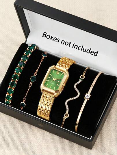 5件套时尚石英手表手链套装，适合青少年/年轻成人，优雅方形绿色手表，配有可调节表带，适合日常佩戴、情人节及其他场合，是送给母亲、女友的绝佳礼物。