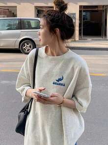 日系女式宽松圆领休闲百搭字母、鱼和海洋印花短袖T恤，春夏款 - 淺花灰 - 查看 2