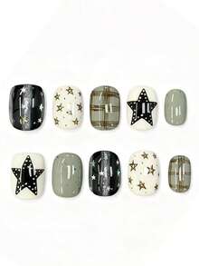 10pcs It's Named Star Plaid Ink Gray. This Manicure Blends Sleek Black, Soft White, And Muted Gray Bases, Decorated With Shiny Star Patterns, Retro Plaid Details, And Subtle Glitter Accents. The Mix Of Bold And Gentle Tones Creates A Stylish, Edgy Aura-Perfect For Those Who Love Cool, Mixed-Pattern Nail Art With A Modern, Charm. - Multicolor - View 1