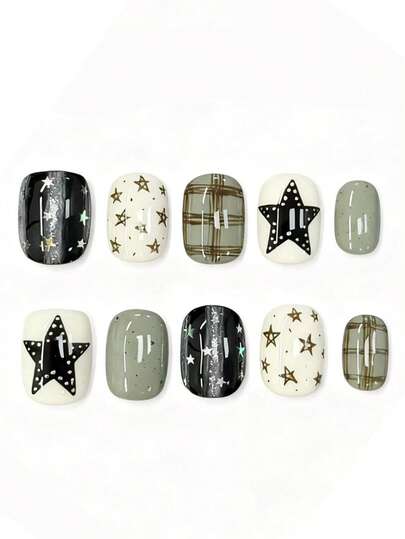10pcs It's Named Star Plaid Ink Gray. This Manicure Blends Sleek Black, Soft White, And Muted Gray Bases, Decorated With Shiny Star Patterns, Retro Plaid Details, And Subtle Glitter Accents. The Mix Of Bold And Gentle Tones Creates A Stylish, Edgy Aura-Perfect For Those Who Love Cool, Mixed-Pattern Nail Art With A Modern, Charm.