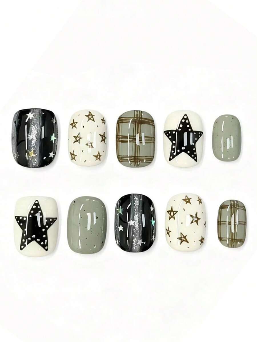 10pcs It's Named Star Plaid Ink Gray. This Manicure Blends Sleek Black, Soft White, And Muted Gray Bases, Decorated With Shiny Star Patterns, Retro Plaid Details, And Subtle Glitter Accents. The Mix Of Bold And Gentle Tones Creates A Stylish, Edgy Aura-Perfect For Those Who Love Cool, Mixed-Pattern Nail Art With A Modern, Charm. - Multicolor - View 1