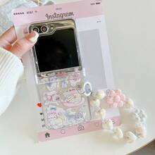 可爱猫咪折叠手机壳，带链条，兼容三星 Galaxy Z Flip3 5G/Galaxy Z Flip 4 5G/Galaxy Z Flip 5 5G/Galaxy Z Flip 6 5G/Galaxy Z Flip 7 5G，少女风折叠屏幕保护膜 - 彩色 - 查看 2