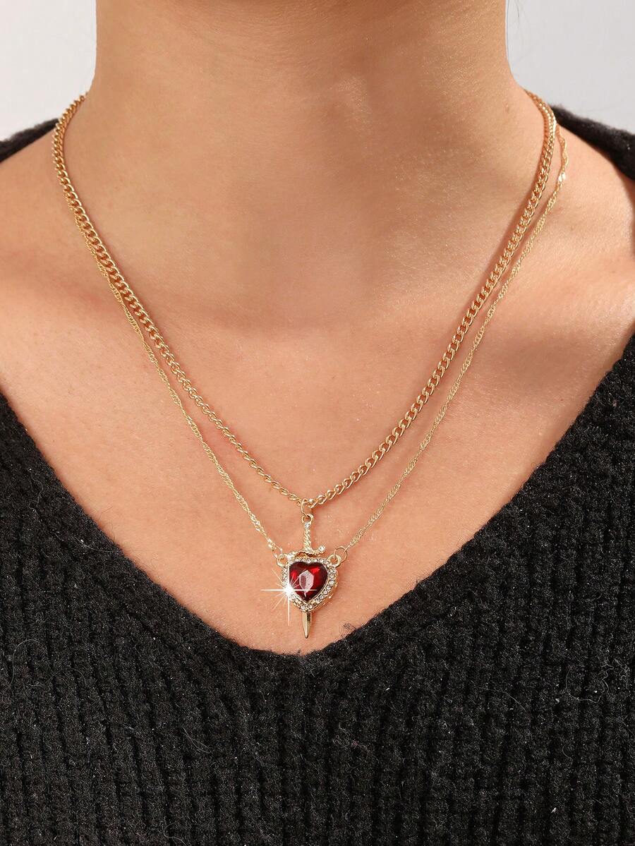 1 Set Of 2pcs Heart & Sword Pendant Necklaces, Unique Personalized Hip-Hop American Style Creative Ocean Heart Sword Necklace - Sword Heart (Gold) - View 1