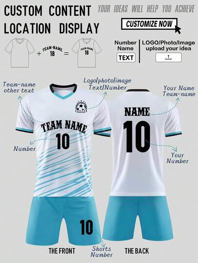 2pcs/Set Personalized Football Jersey - Customized Team Name, Number & Logo Print Short Sleeve T-Shirt + Shorts Training Sports Suit, Fashionable Casual, Suitable As Gift, Stylish, Casual, Minimalist, Personalized, Men's Basic/Streetwear, Suitable For Birthday, Holiday, School/Match, Spring/Summer Sports/Climbing Etc.