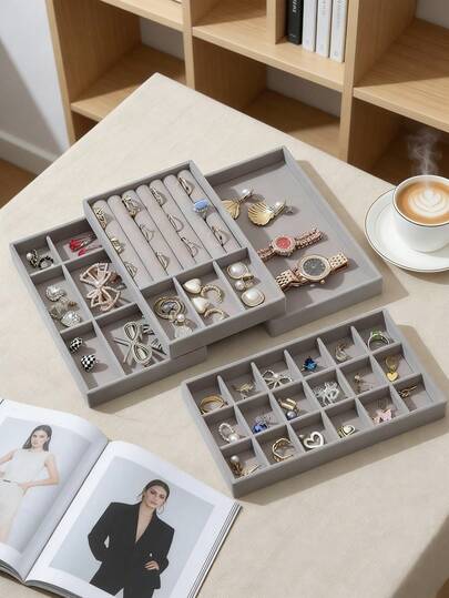 1pc Velvet Jewelry Tray, Large Capacity Jewelry Box With Separate Compartments, Stackable Jewelry Display Stand, Suitable For Earrings, Necklaces, Bracelets, Rings, Hair Clips, Headbands, Etc. Valentine's Day Velvet Jewelry Tray, Jewelry Tray Storage , Makeup Room Decor