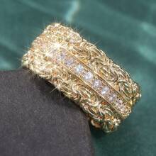 Luxury Wide Copper Ring With Synthetic White Cubic Zirconia Stones, For Women's Engagement And Wedding Jewelry - Gold - View 6