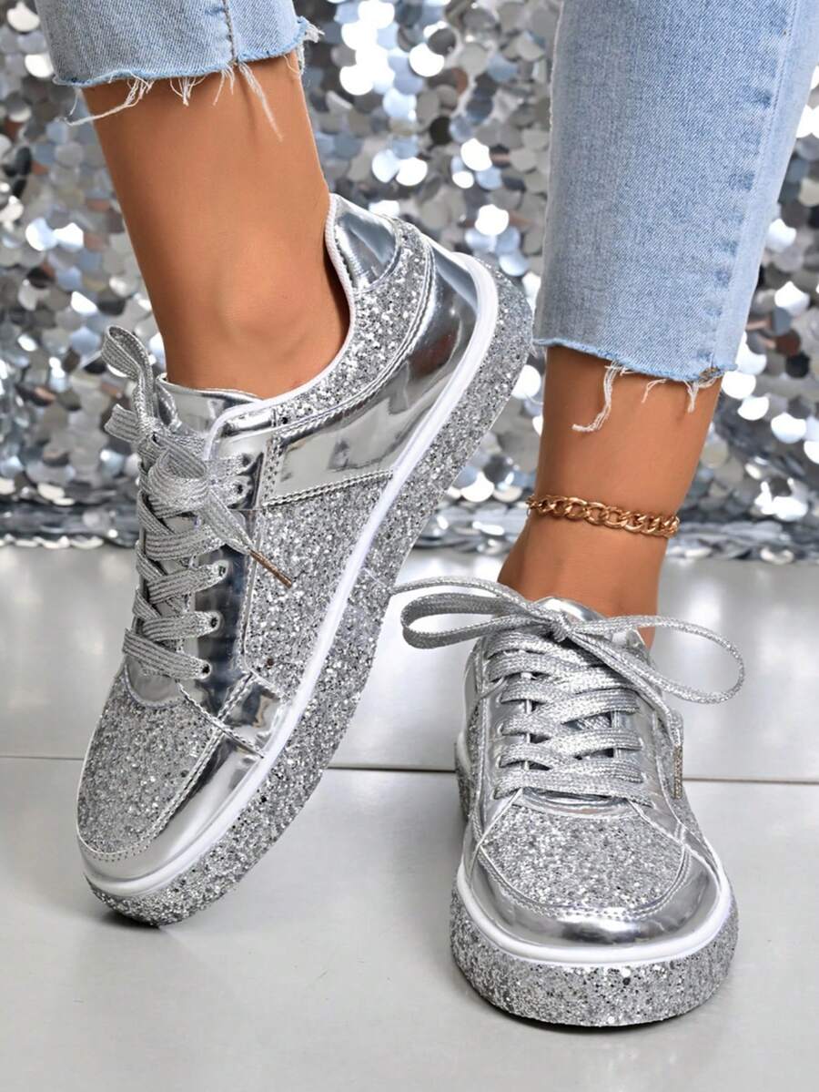 女士亮片圆头平底百搭时尚休闲运动鞋，橡胶鞋底防滑耐磨轻便板鞋，新款春秋韩版平底鞋，日常百搭香槟银色休闲鞋 - 銀色 - 查看 1