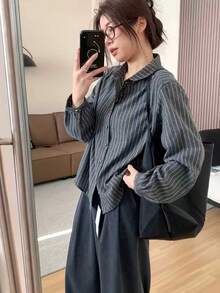 女士时尚条纹长袖纽扣前开襟涤纶衬衫，带领，春季款 - 灰色 - 查看 4