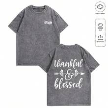 EWH Men's Y2K Vintage Washed Gray T-Shirt - 100% Cotton Soft & Breathable, Minimalist "LOVE JOY" Front Logo With Handwritten "Thankful & Bless Ed" Back Print, Casual Retro Streetwear Gift 004-AB - 灰色 - 查看 1