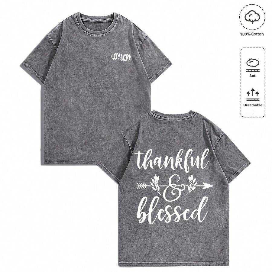EWH Men's Y2K Vintage Washed Gray T-Shirt - 100% Cotton Soft & Breathable, Minimalist "LOVE JOY" Front Logo With Handwritten "Thankful & Bless Ed" Back Print, Casual Retro Streetwear Gift 004-AB - 灰色 - 查看 1