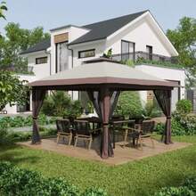 Folding Gazebo 4x4m, Adjustable Height, UV Protection And Voile Curtains, Double Beige Roof For Garden Parties - Camel - View 2