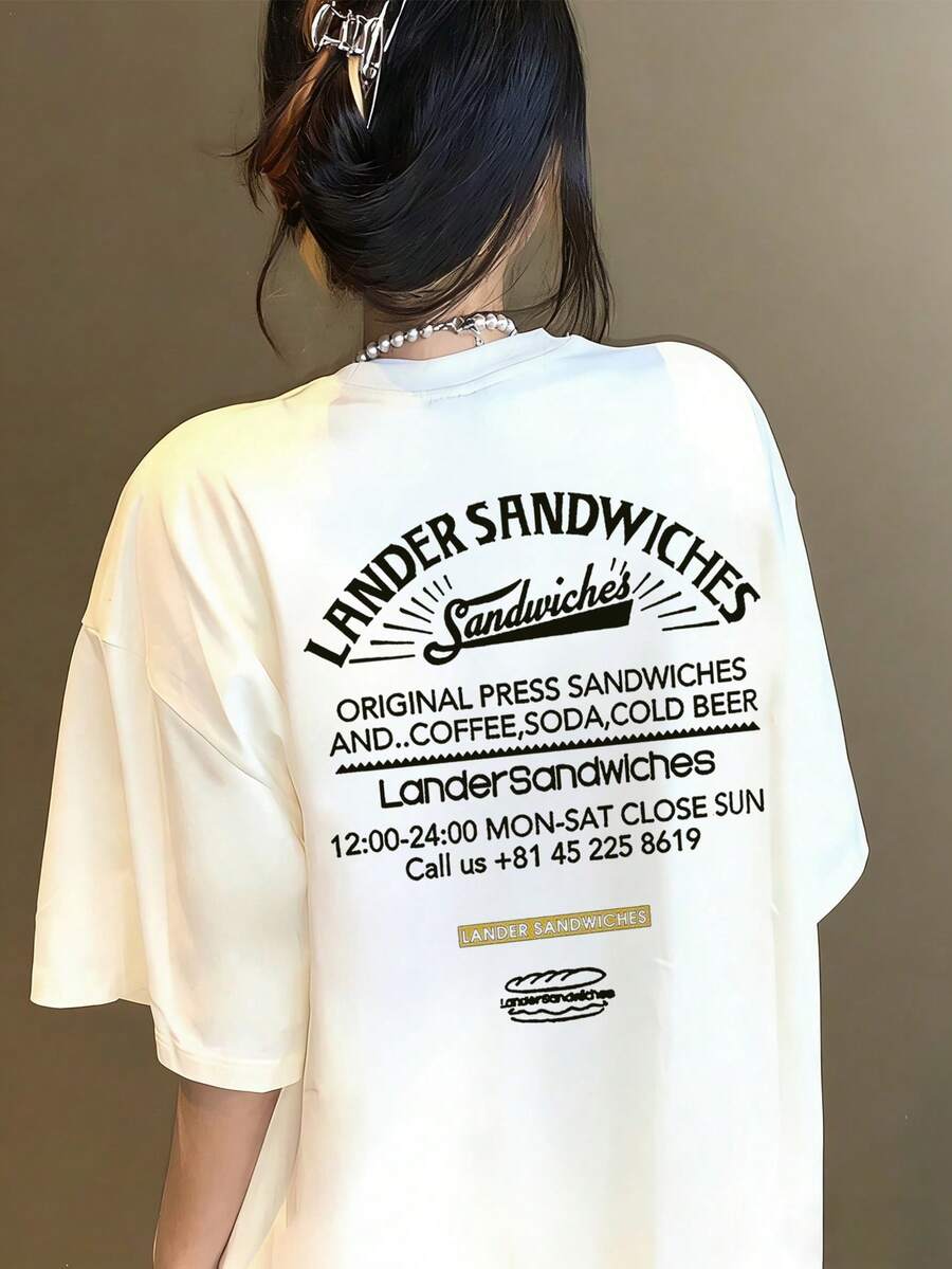 日系女式宽松圆领休闲字母卡通食物印花短袖T恤，春夏款 - 白色 - 查看 1