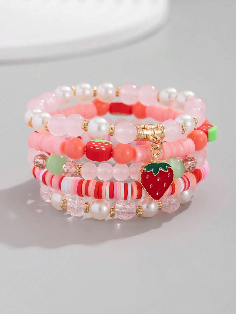 5件套时尚简约可叠戴串珠手链，可爱草莓吊坠，Y2K风格饰品，适合青少年日常佩戴、休闲、度假、返校季等场合。 - 彩色 - 查看 1