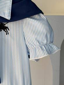 2pcs Girls Summer Sweet Casual Preppy Striped Print Shirt Dress With Shawl Decoration Set, Suitable For Daily, Outdoor, Vacation, Beach, School, Commute - Blue - View 5