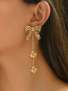 一对精致时尚优雅蝴蝶结水钻流苏镂空心形女士耳环，适合日常休闲度假、情人节、情侣礼物、婚礼派对、新娘、伴娘、新年派对等场合佩戴。 - 金黃色 - 查看 2