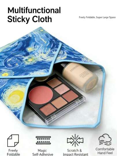 En multifunktionell, självhäftande förvaringspåse, lämplig för kosmetika och elektroniska produkter, med blom- och stjärnhimmelstryck, tillverkad av slitstarkt polymertyg, vikbar design, perfekt för förvaring av kosmetika och enheter, tillverkad av polyesterfiber, lämplig som en alla hjärtans dag-present för användning året runt.