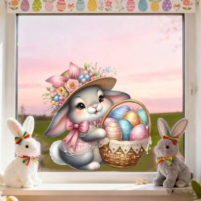 1pc Easter Butterfly And Rabbit Decoration Window Sticker, Static Adhesion For Windows, Doors, Mirrors - Reusable And Removable, Suitable For Easter Bunny Decoration, Modern Windows And Doors Decoration Window Sticker, Home Decoration