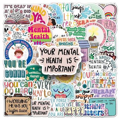 50 Pcs Mental Health Journal Stickers - Inspirational Creative English Text Graffiti, Waterproof, Perfect For Phone, Gu Ka & Scrapbook Decor