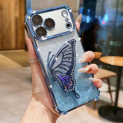 Capa de telefone anti-queda, compatível com iPhone 17, transparente e elegante, com revestimento eletrolítico, absorção de choque, airbag à prova de poeira, suporte em formato de borboleta, compatível com iPhone 17/6/7/8/X/XS/XR/11/12/13/14/15/16/16e, Galaxy S22/23/24/25/S24 FE/S25 EDGE, A04/05/06/A07/A14/A15/A16/A17/A24/A25/A34, Redmi Note 9/10/11/12/13, Redmi 9/10/12/13C 14C, OPPO, MOTO, Honor X, HW, RENO Realme C53 C55 C61 C63 C75