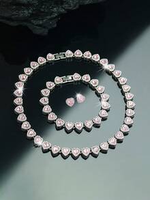CVNANA 3pcs Set Cute Light Pink Heart Shaped Cuban Link Necklace + Bracelet Matched With Cubic Zirconia Heart Stud Earrings, Hip Hop Style Chain, Luxury Jewelry Set, Suitable For Valentine's Day, Birthday, Music Festival Gift - Heart Shape - View 4