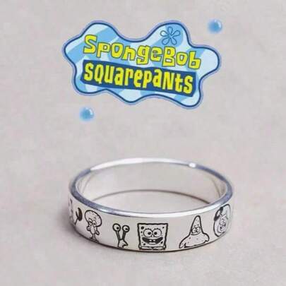 Mattel 美泰卡通海绵宝宝情侣可调节银戒指 - 卡通动漫周边，生日礼物，情侣纪念礼物，完美装饰礼物