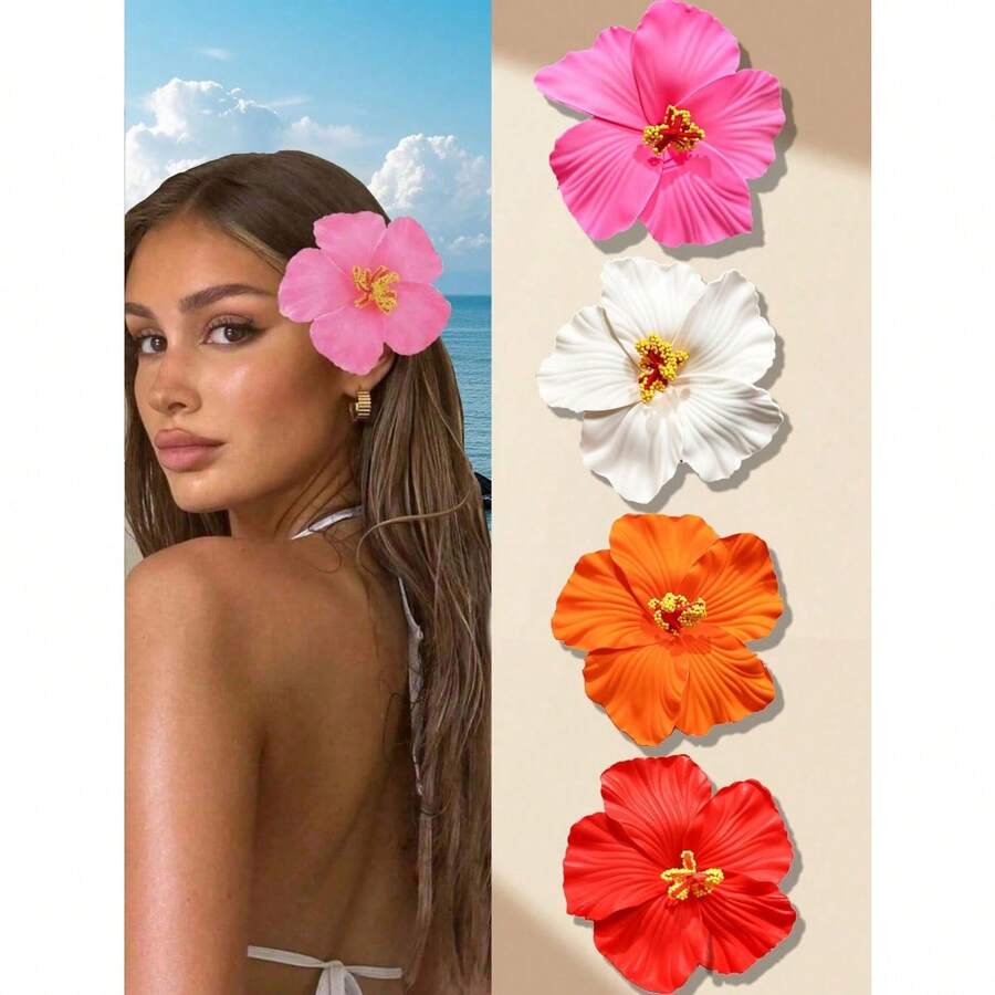 4pcs Hawaii Flower Hair Clips, Suitable For Women, 4 Pieces Artificial Flower Hair Clips, Hibiscus And Lotus Flower Hair Clips, Suitable For Beach Party, Tropical Flower Hair Accessories For Summer, Great Gift For Girls ,Flat Claw Clip, Hair Slide, Hair Claws, School Stuff - 多色-3 - 查看 1