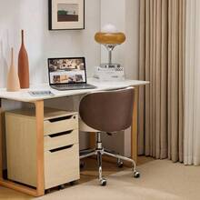 Cute Small Swivel Desk Chair Comfy With Wheels,Ergonomic Low-Back Lumbar Support Vanity Nail Tech Rolling Task Stool Chair For Home Office,Height Adjustable,PU Leather White&Suede Khaki - 白色PU和卡其色絨面革 - 查看 6