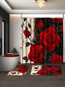 1/3/4 Pcs Red Rose Pattern Bathroom Set, Waterproof Knitted Polyester Curtain With Grommets, Machine Washable, Artistic Theme, Includes Toilet Lid Cover And Bath Mat, 72x72 Inches, With 12 Hooks - Multicolor - View 15