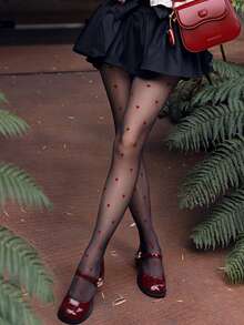 1 par de pantimedia ultra delgadas y cómodas con estampado de corazón para mujer de talla grande, adecuadas para el Día de San Valentín, uso diario y citas - Rojo - Ver 6