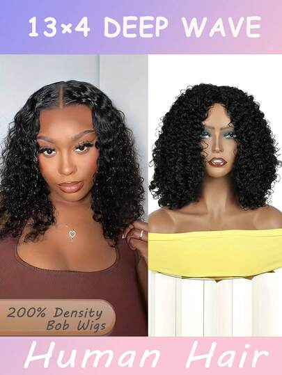 【深波浪波波头假发】蕾丝前假发，真人发，13x4卷发，200%密度，13x4深波浪波波头蕾丝前假发，预先拔毛，带婴儿发，深波浪短假发，女士款，波波头假发，真人发，13x4深波浪蕾丝前假发，女士款，短款波波头假发，自然发际线，无胶假发，真人发，预先拔毛，适合生日派对、毕业典礼、婚礼、度假等场合，打造您心仪的迷人造型