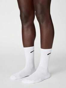 6 Pairs Men's White Solid Color Mid-Calf Socks, Versatile And Breathable - White - View 2