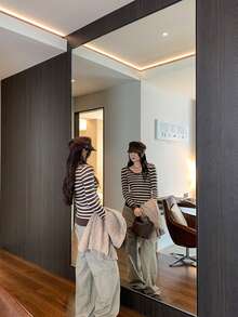 Retro Slim Fit Striped Knit Sweater Top - Brown - View 5