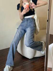 Women's High Waist Adjustable Side Button Washed Casual Straight Leg Jeans - Blue - View 3