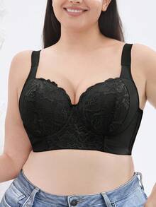 Plus Size Black Lace Underwire Push-Up Bra, Comfortable Wide Straps, Supportive Underwire Design, Breathable All Day - Black - View 2