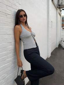 Women's Minimalist Elegant Knit Top, Casual Chic Style, Spring/Summer - Blue - View 6