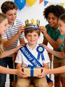 1 Set Birthday Boy Crown Hat, Sash And Badge - Creative Foldable Children's Birthday Party Photo Prop Decor - Multicolor - View 5